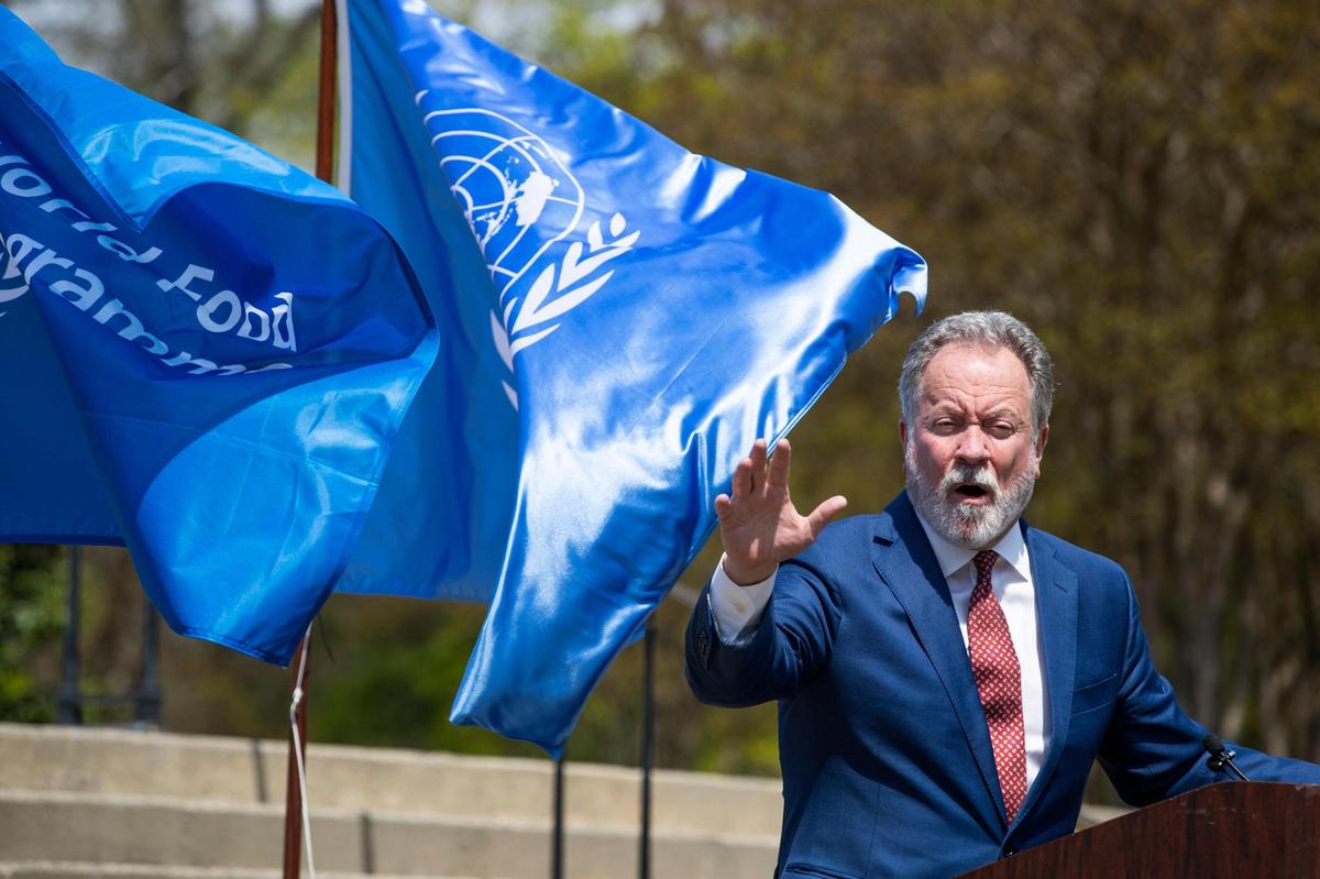 Former South Carolina Governor and UN World Food Programme executive director David Beasley speaks to reporters outside the South Carolina State House asking for donations to help feed displaced Ukrainians on Tuesday, March 29, 2022.