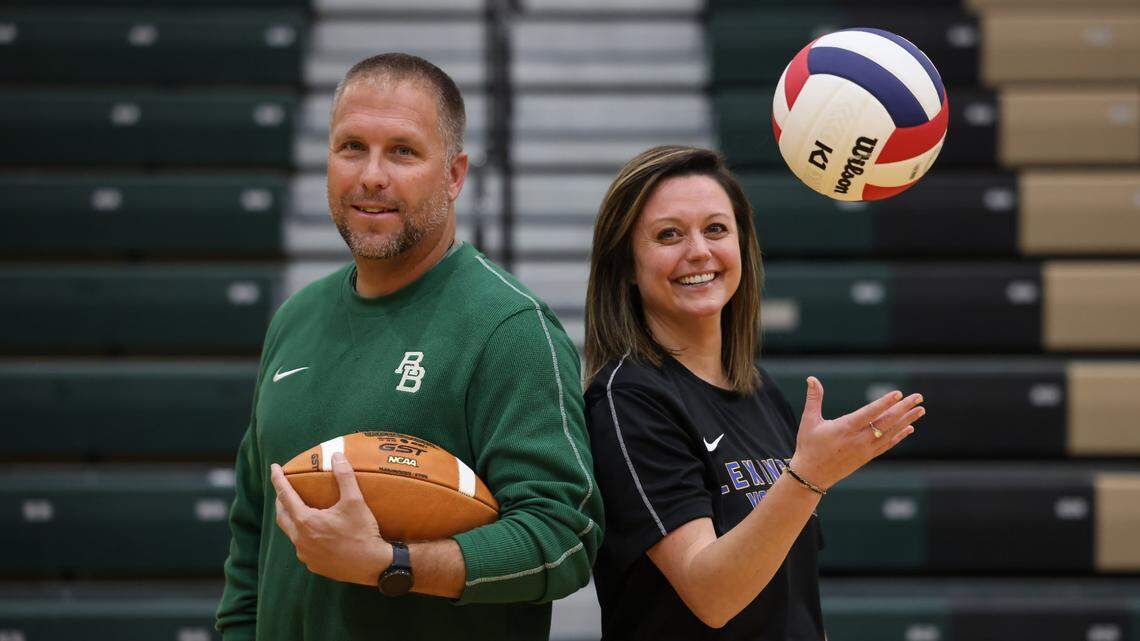 River Bluff football coach Blair Hardin and his wife, Lexington volleyball head coach Erica Hardin, are pictured together following Lexington’s volleyball match against on Thursday, October 17, 2024.