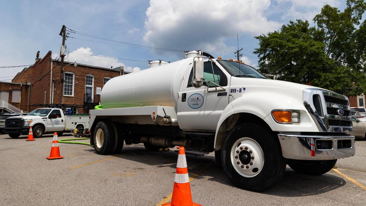 A Lexington utility truck helps support sewage lines on Main street in Lexington, South Carolina on Thursday, July 20, 2023.