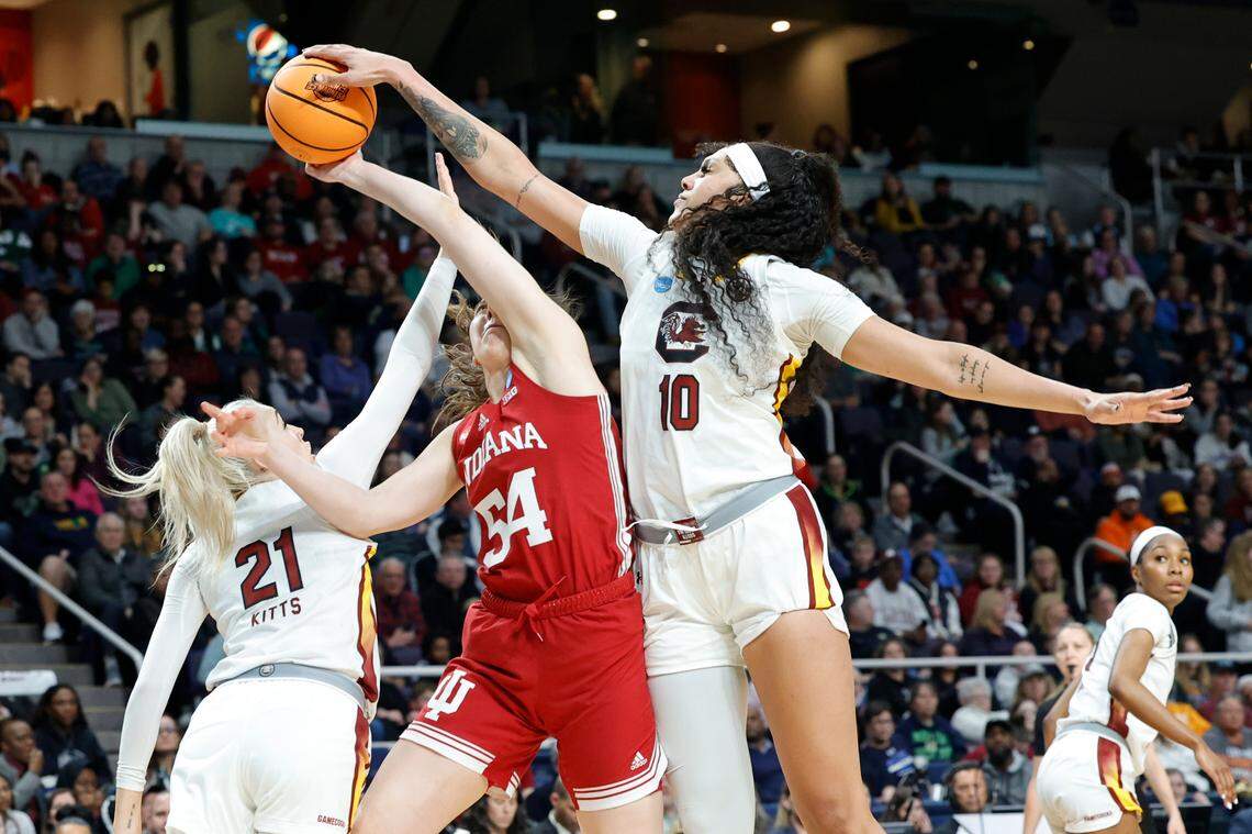 South Carolina’s Kamilla Cardoso (10)blocks a shot by Indiana’s Mackenzie Holmes (54) during the first half of action in the Sweet 16 round of the NCAA Tournament at the MVP Arena in Albany, NY on Friday, March. 29 2024.