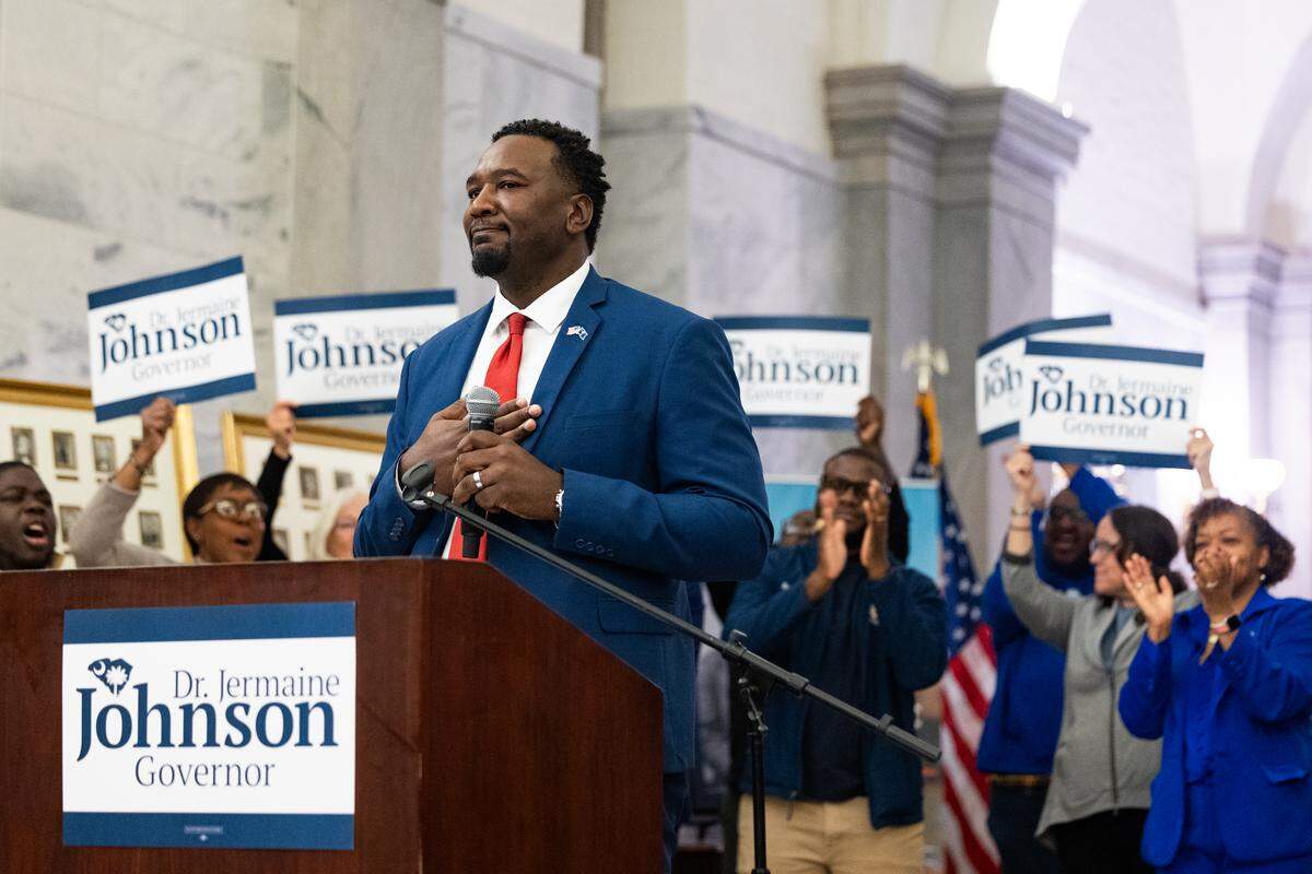 Representative Dr. Jermaine Johnson announces his bid for South Carolina governor in the Statehouse Lobby on Tuesday, October 28, 2025.