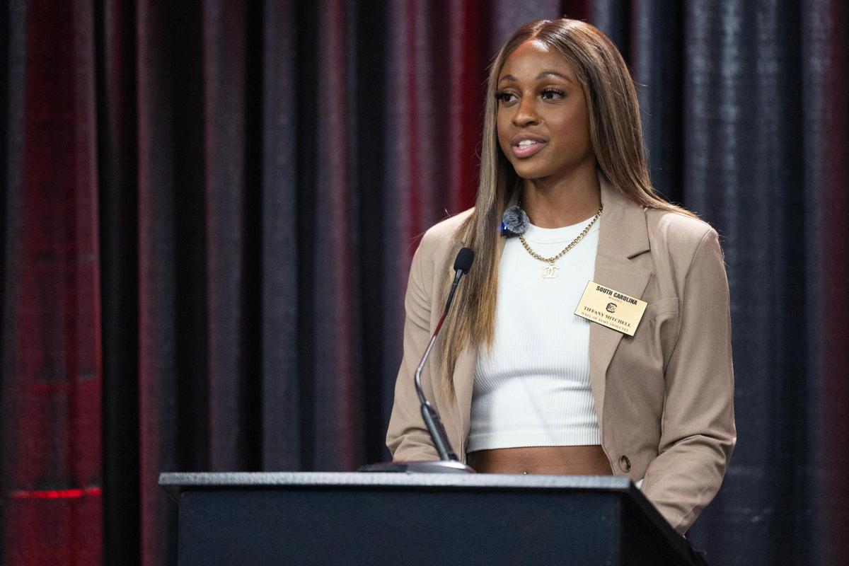 University of South Carolina’s Tiffany Mitchell, a former Gamecocks basketball star, is inducted into the university’s hall of fame at Williams-Brice Arena on Friday, November 1, 2024.