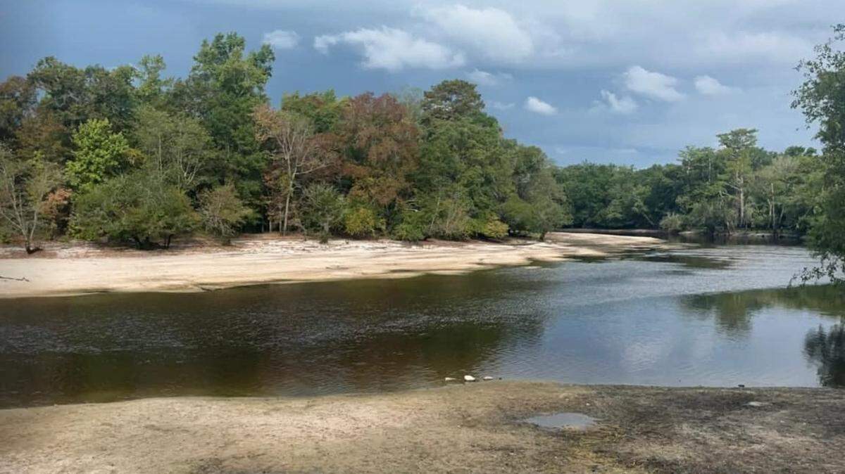River levels have dropped in South Carolina as a drought has advanced on the state in the summer of 2024. This photo is of the Lumber River not far from the North Carolina state line.