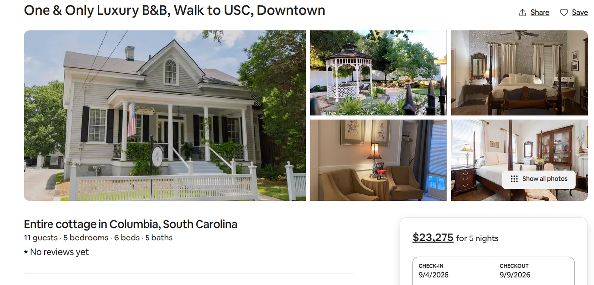 This screenshot shows an Airbnb rental in the Columbia area.