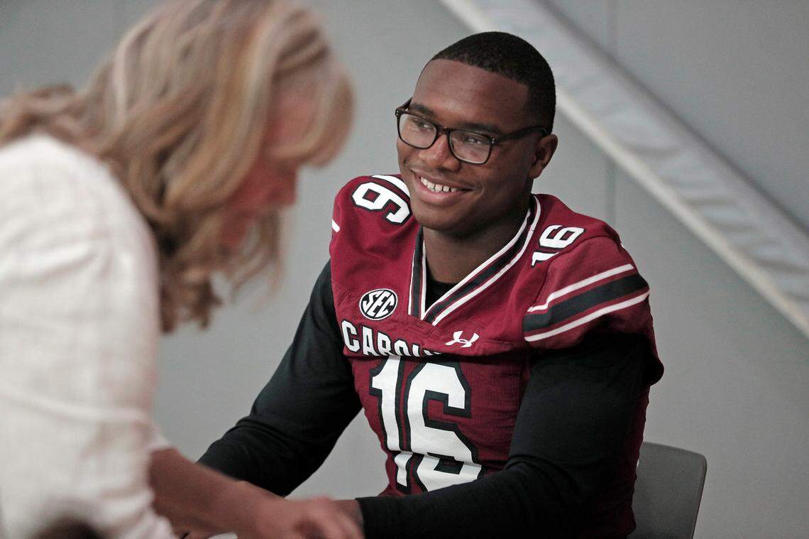 LaNorris Sellers and the University of South Carolina football team freshmen took part in the annual Pigskin Poets reading event Friday, July 21, 2023 at the Drew Wellness Center in Columbia.