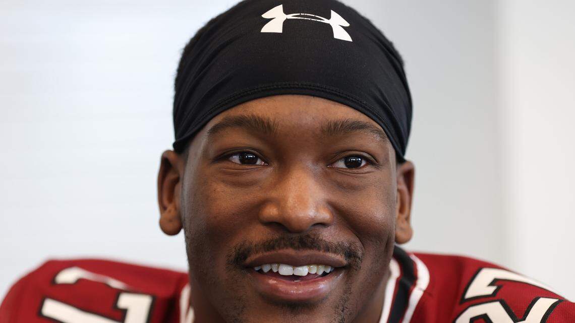 South Carolina Gamecock running back Oscar Adaway III speaks to reporters during an interview in Columbia on Thursday, February 8, 2024.