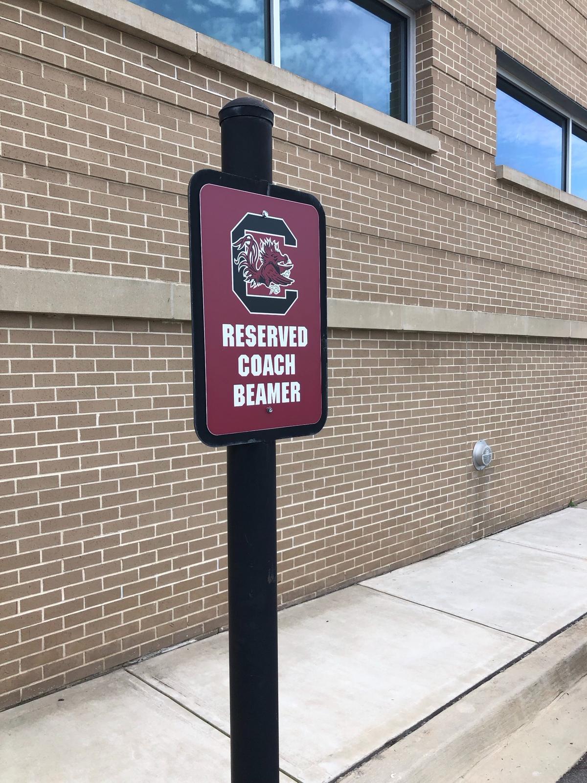 South Carolina head coach Shane Beamer has a pair of reserved parking spaces outside the Long Family Football Operations Center.
