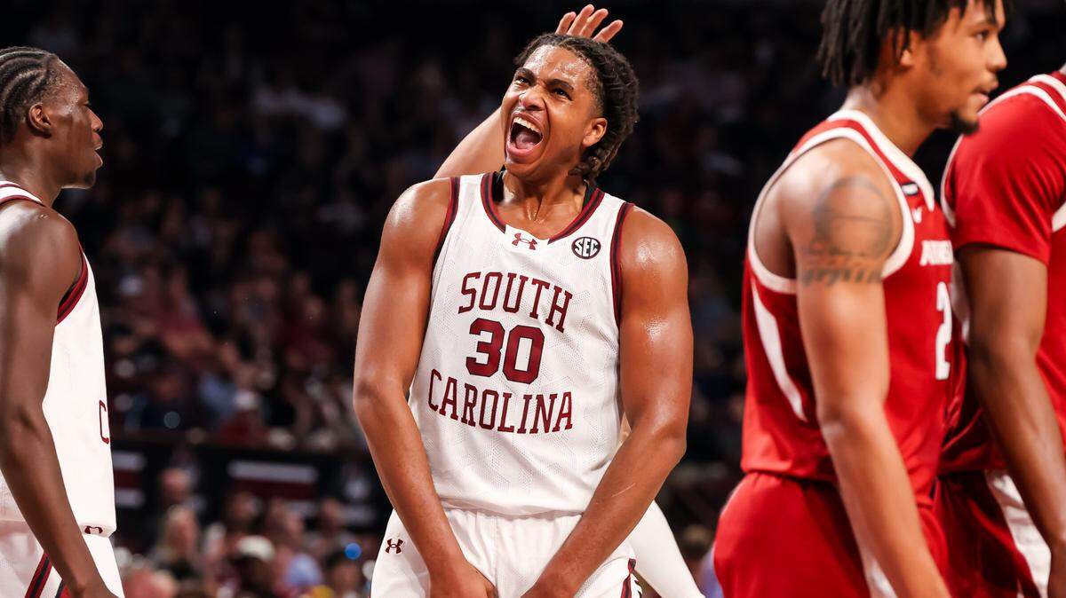South Carolina Gamecocks forward Collin Murray-Boyles (30) celebrates a play against the Arkansas Razorbacks in the first half at Colonial Life Arena.