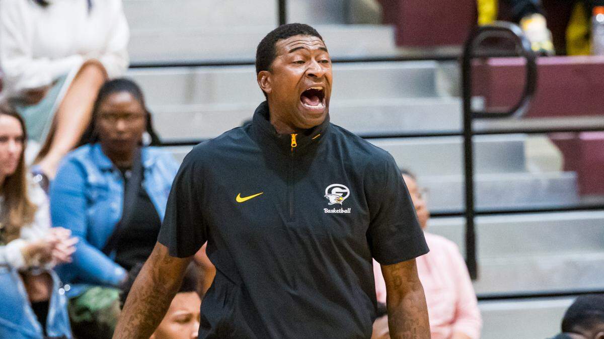 Gray Collegiate War Eagles head coach Carlos Powell directs his team at Brookland Cayce High School, 1/31/25.