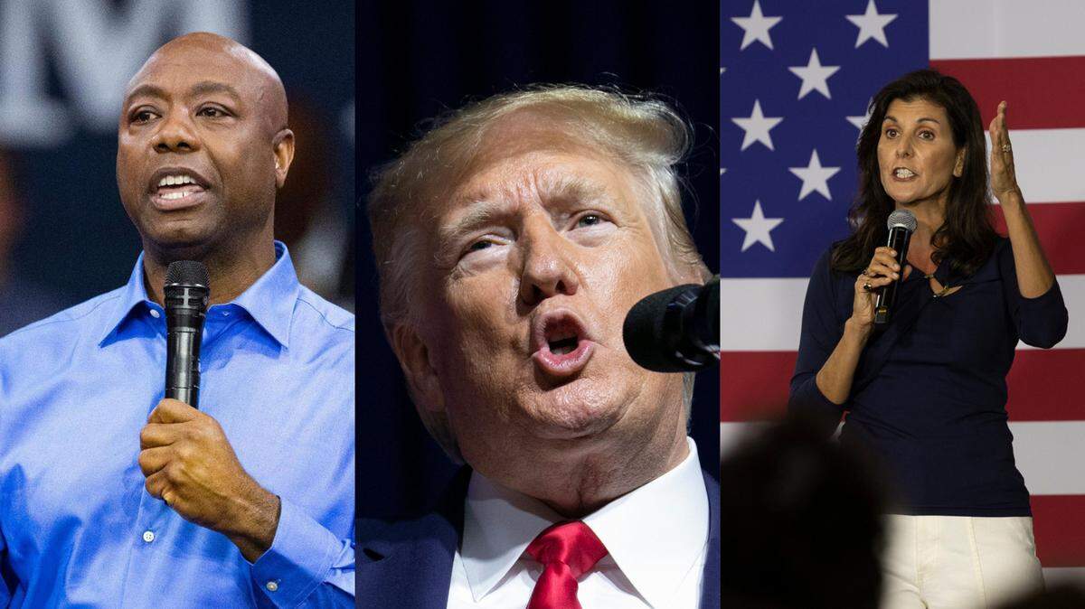 U.S. Sen. Tim Scott of South Carolina, former President Donald Trump and former South Carolina Gov. Nikki Haley.