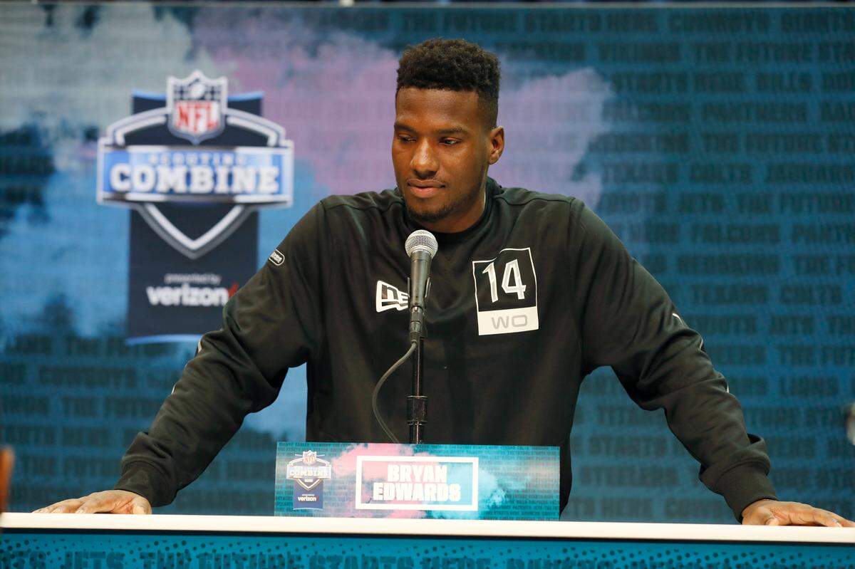 South Carolina wide receiver Bryan Edwards speaks during a press conference at the NFL football scouting combine in Indianapolis, Tuesday, Feb. 25, 2020.