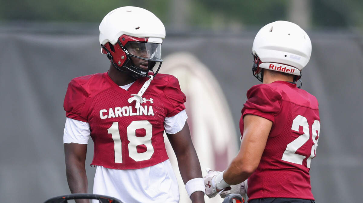 South Carolina linebackers Bangally Kamara (18) and Andrew Colasurdo (28) runs drills during practice in Columbia on Friday, August 9, 2024.