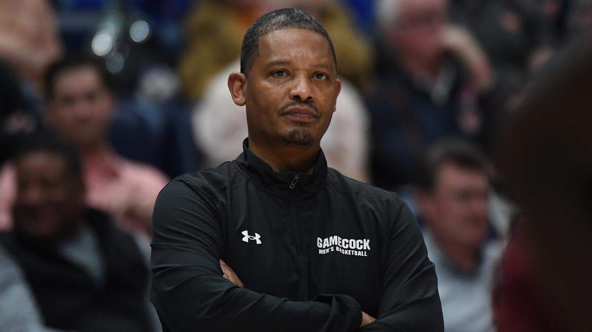 South Carolina Gamecocks head coach Lamont Paris looks on from the sideline during the first half against the Auburn Tigers at Bridgestone Arena.