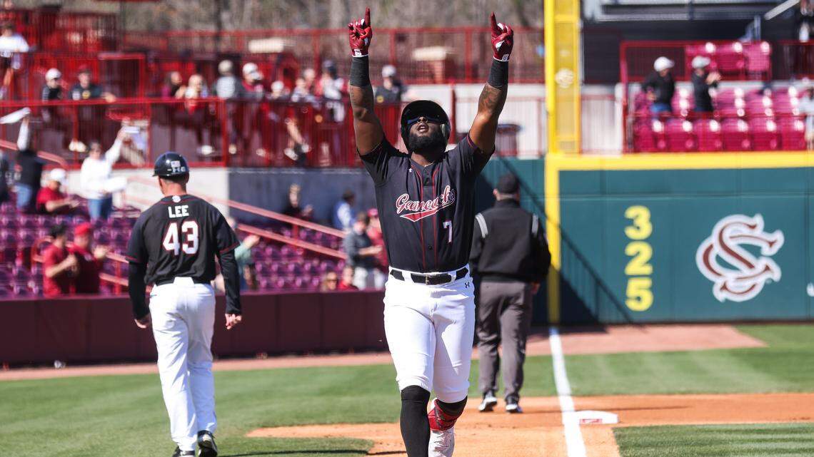 South Carolina outfielder Kennedy Jones (7) rounds the bases after hitting a home run during the Gamecocks’ game against Belmont at Founders Park in Columbia on Sunday, February 25, 2024.