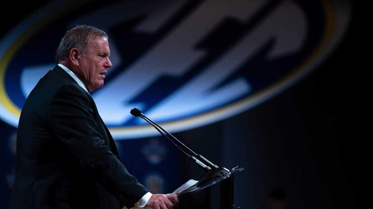 Arkansas Head Coach Sam Pittman addresses the media at the 2023 SEC Football Kickoff Media Days at the Nashville Grand Hyatt on Broadway, Wednesday, July 19, 2023.