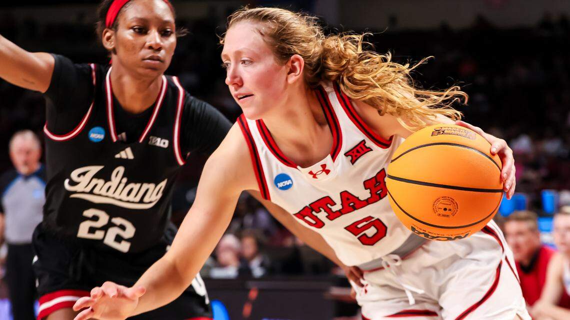 March 21, 2025; Columbia, South Carolina; Utah Utes guard Gianna Kneepkens (5) drives past Indiana Hoosiers guard Chloe Moore-McNeil (22). Tight hamstrings can be common among basketball players.