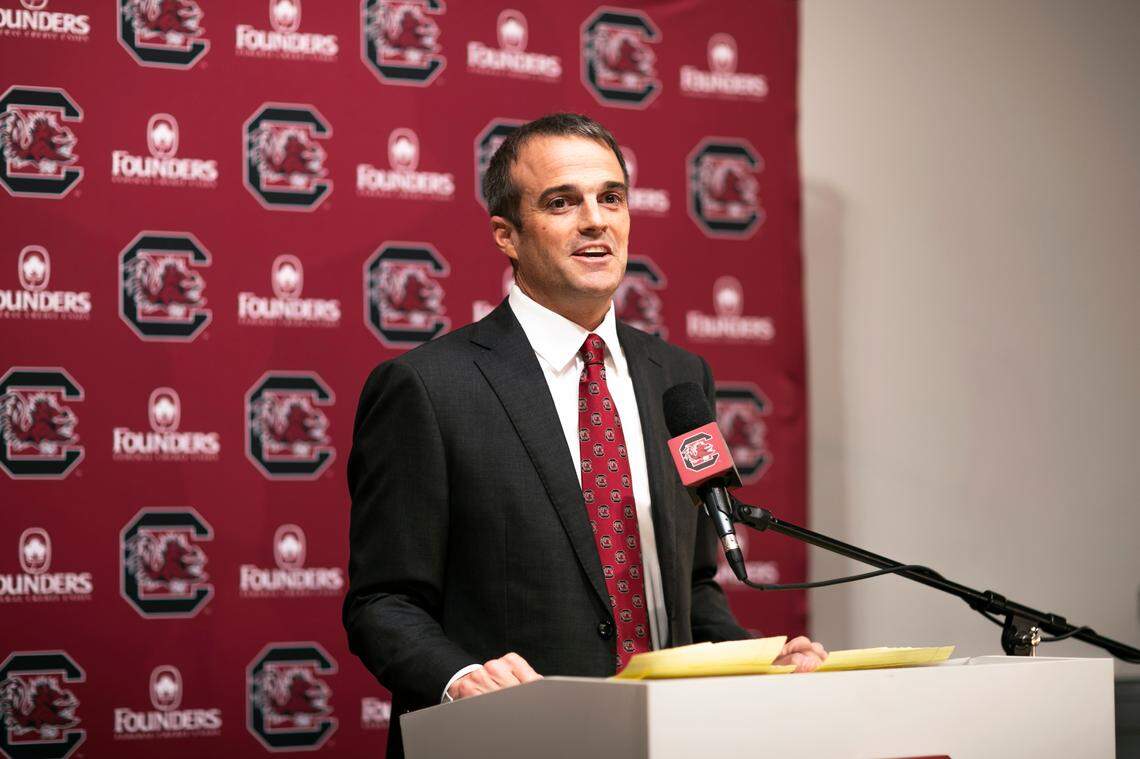 Shane Beamer speaks during his first press conference at the University of South Carolina. Beamer is the new head football coach of the Gamecocks.
