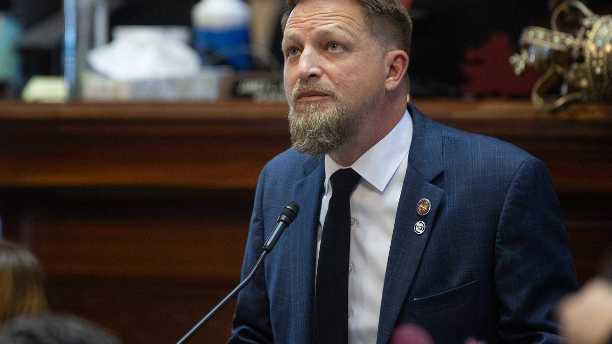 South Carolina State Representative Brandon Guffey, R-York, introduces guests before house members debate amendments to the state budget on Tuesday, March 11, 2025.