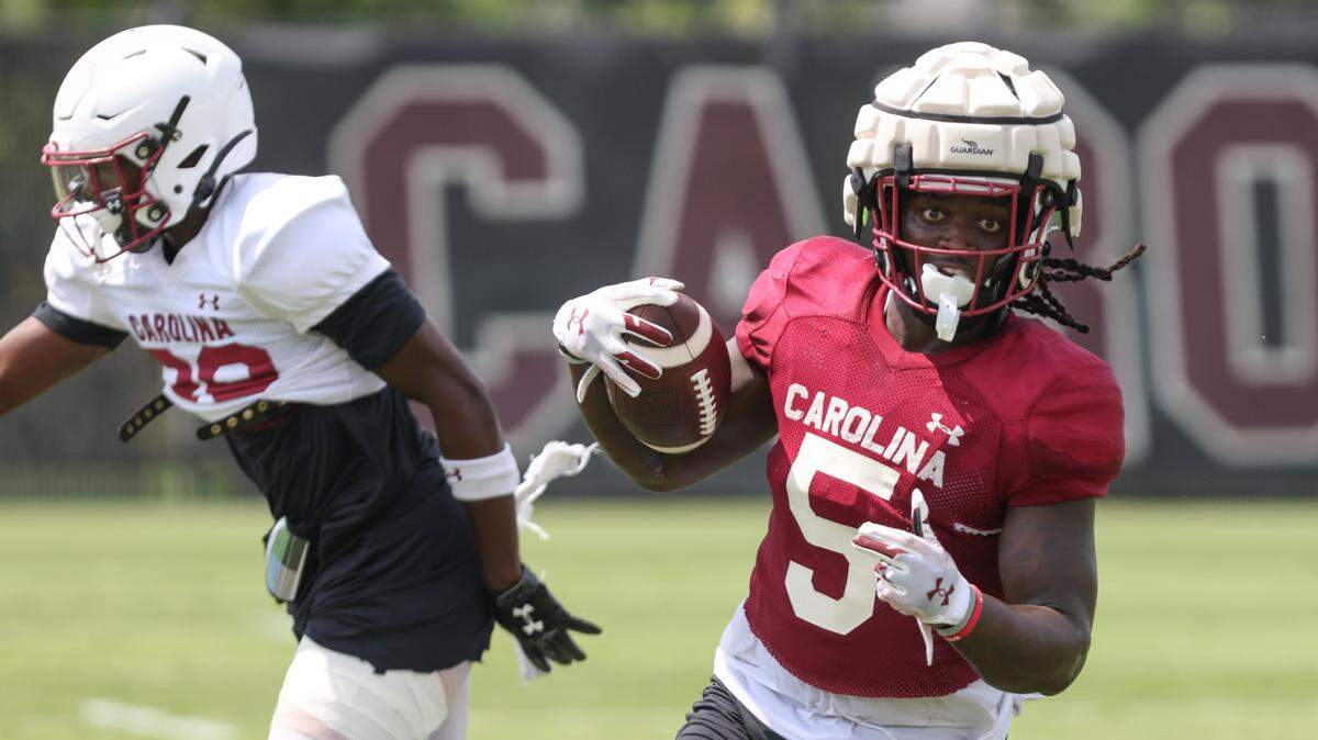 South Carolina running back Dakereon Joyner (5) runs drills during practice in Columbia on Monday, August 7, 2023.
