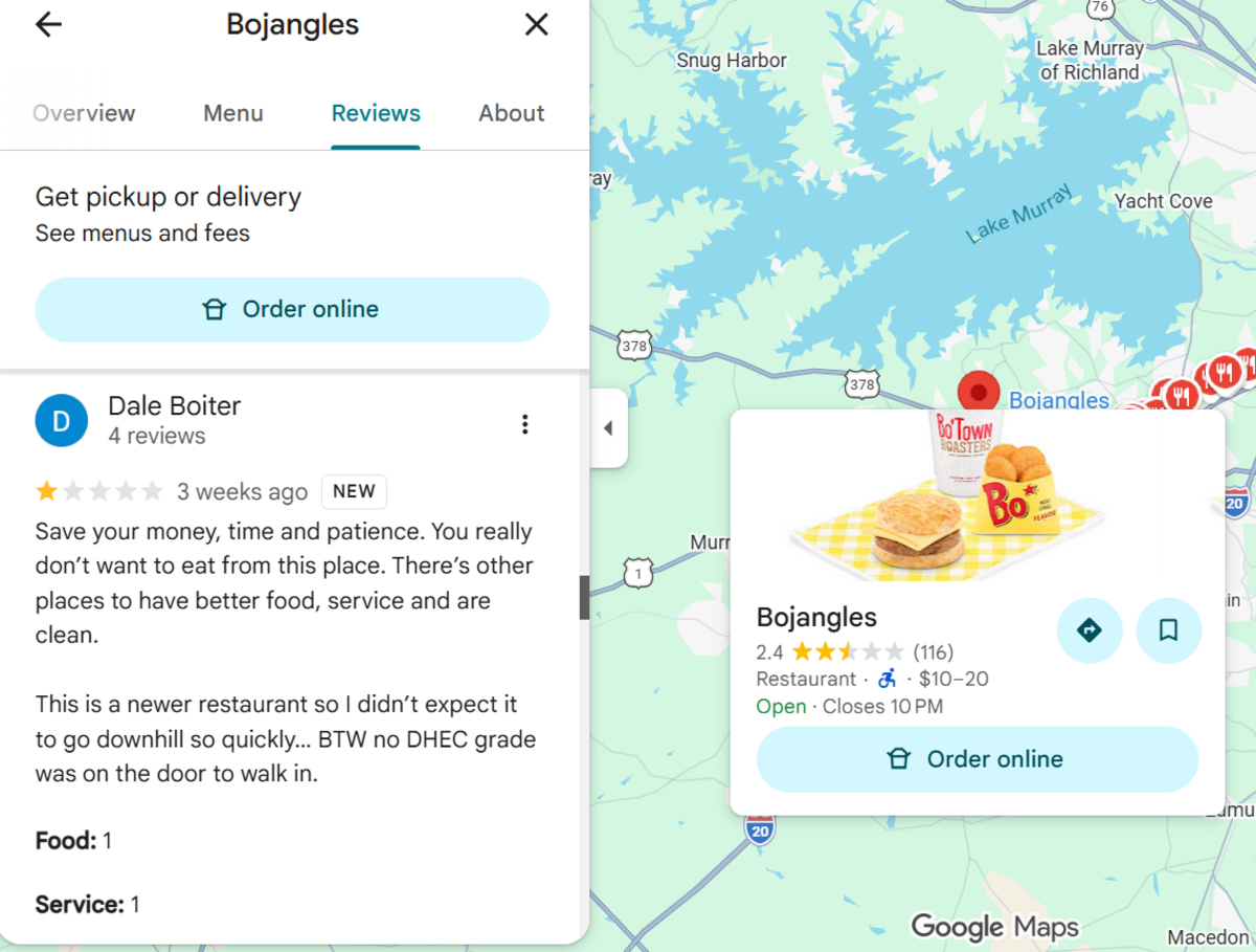 Bojangles at 109 Bo Tire Way Google Maps review