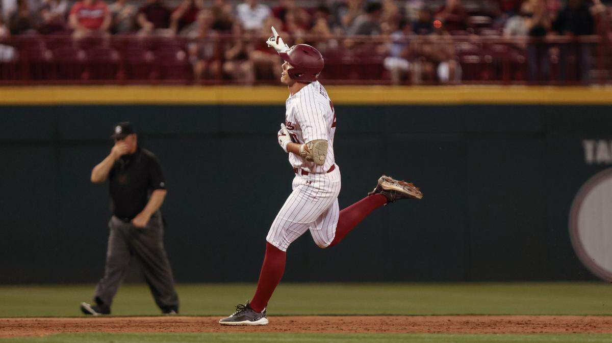 South Carolina’s Ethan Petry (20) had a home run and the walk-off RBI single Saturday night in the Game 3 win over Missouri.