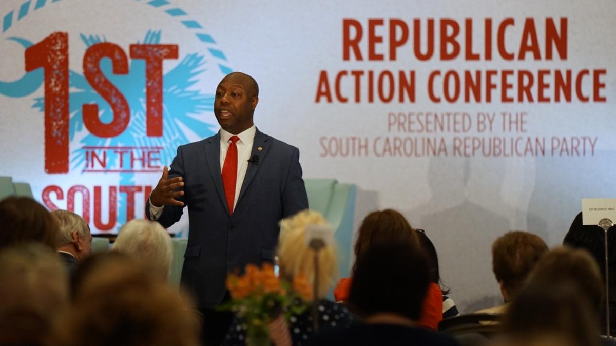 Sen. Tim Scott speaks to South Carolina Republicans at the SCGOP’s “First in the South Republican Action Conference in Myrtle Beach” on Sunday, Oct. 31.