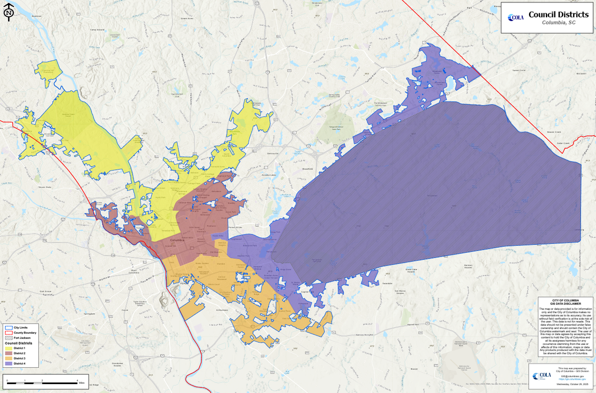 Columbia City Council districts. District 1 is in yellow, District 2 is in red, District 3 is in orange, District 4 is in purple.