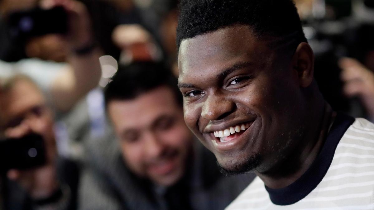 Zion Williamson, a freshman from Duke, attends the NBA Draft media availability, Wednesday, June 19, 2019 in New York. The basketball draft will be held Thursday, June 20. (AP Photo/Mark Lennihan)