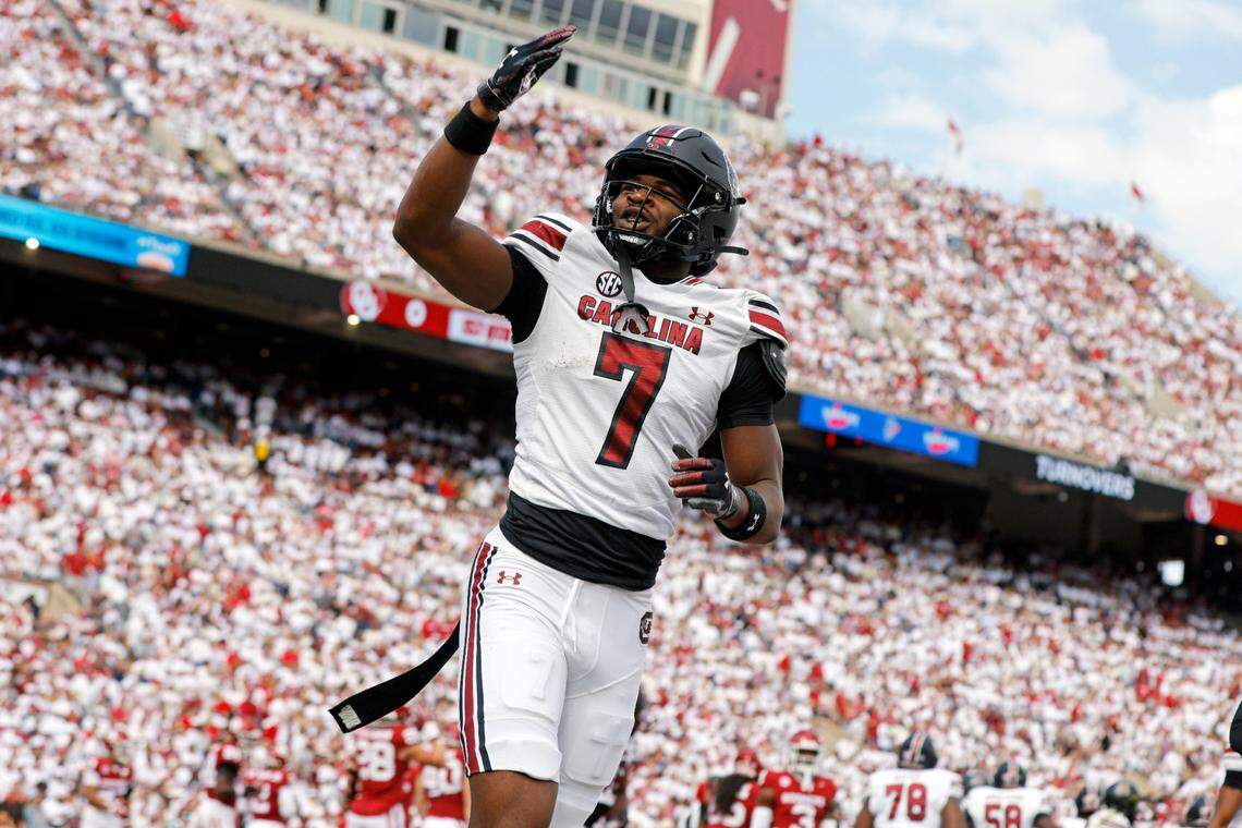 South Carolina’s Nick Emmanwori celebrates after returning an interception for a touchdown in the first quarter against Oklahoma, Saturday, Oct. 19, 2024, at Gaylord Family - Oklahoma Memorial Stadium in Norman, Okla.