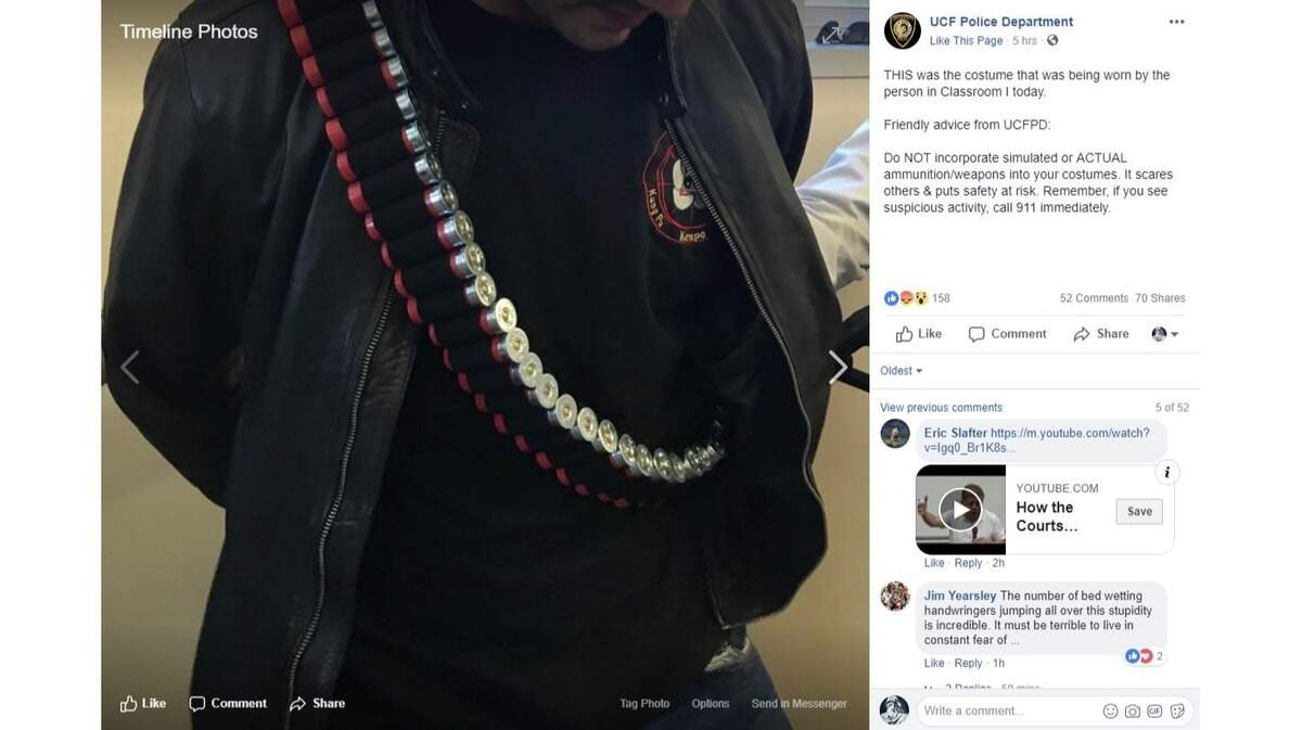 This screenshot shows the University of Central Florida student who wore a Halloween costume with live shotgun shells.