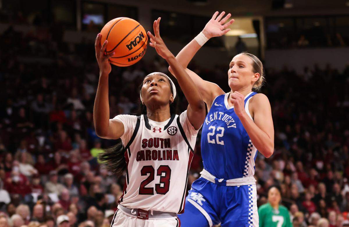South Carolina guard Bree Hall (23) goes up for a shot as Kentucky guard Maddie Scherr (22) tries to block during second half of the Gamecocks’ game against Kentucky at Colonial Life Arena in Columbia on Monday, January 15, 2024.