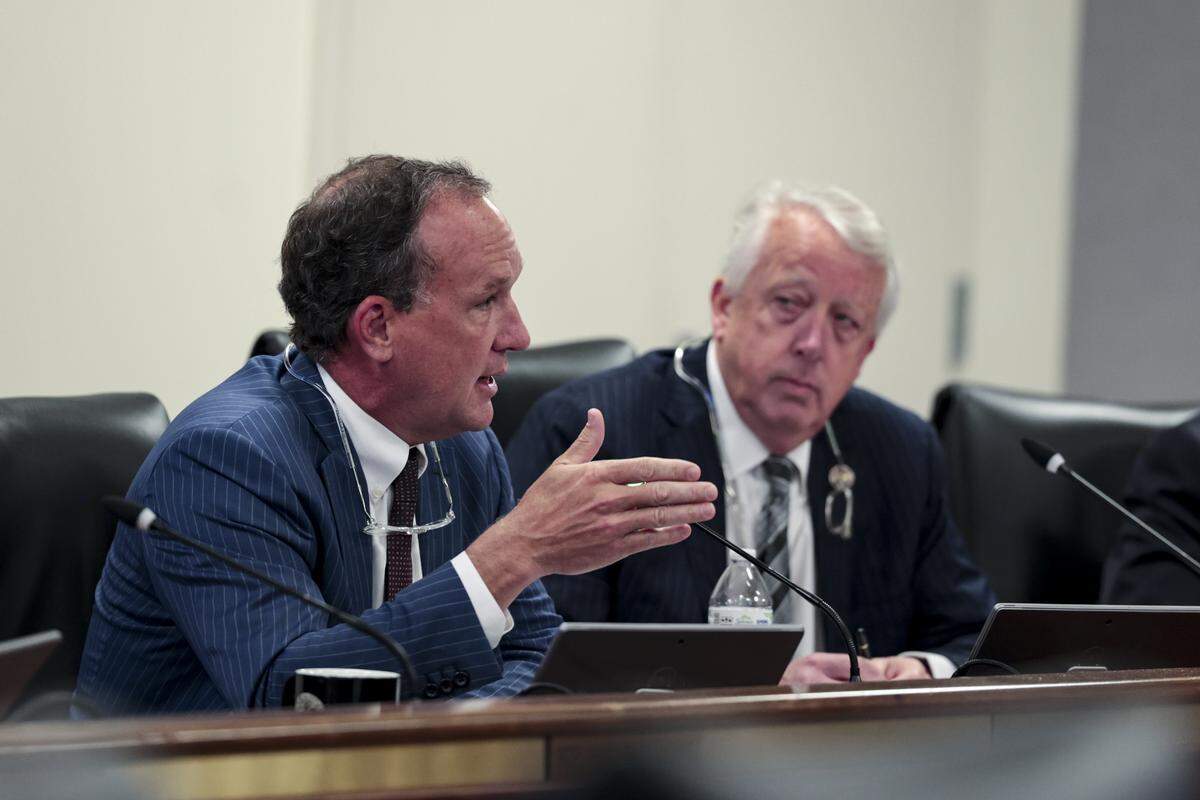 State Rep. Bruce Bannister, R-Greenville, chairman of the House Ways and Means Committee, speaks during a subcommittee discussion while state Rep. Lee Hewitt, R-Georgetown, listens Tuesday, April 14, 2026.