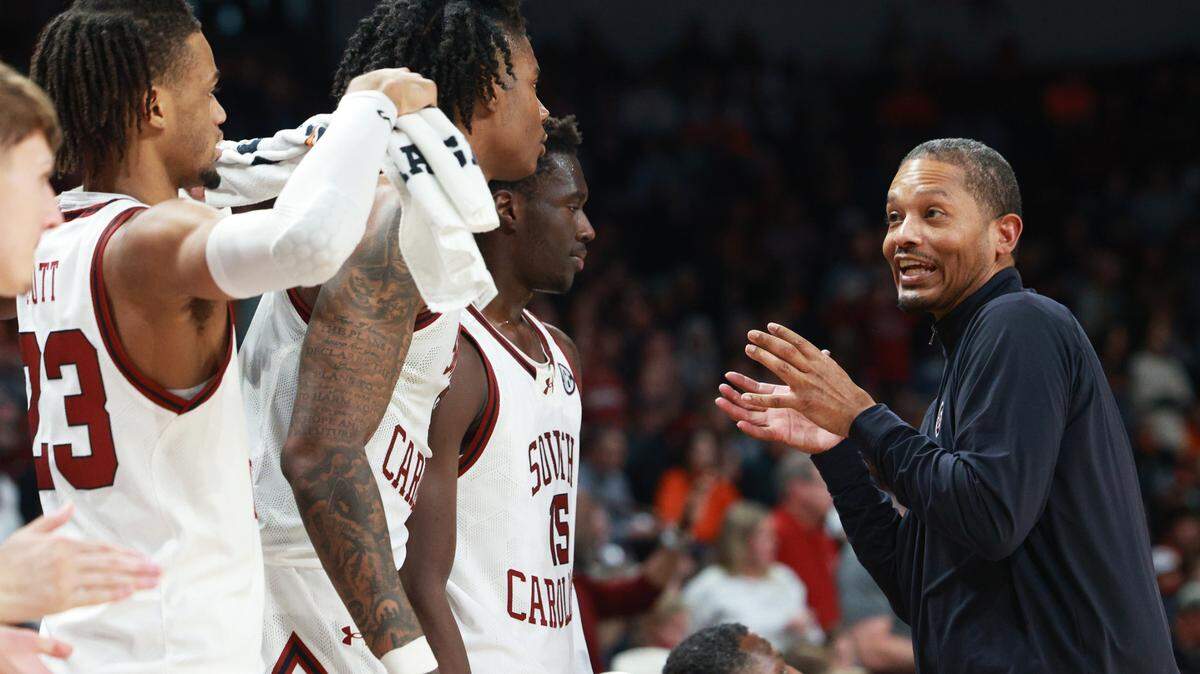 South Carolina’s head basketball coach Lamont Paris speaks to his team as they play Auburn at Colonial Life Arena on Saturday, January 11, 2025.