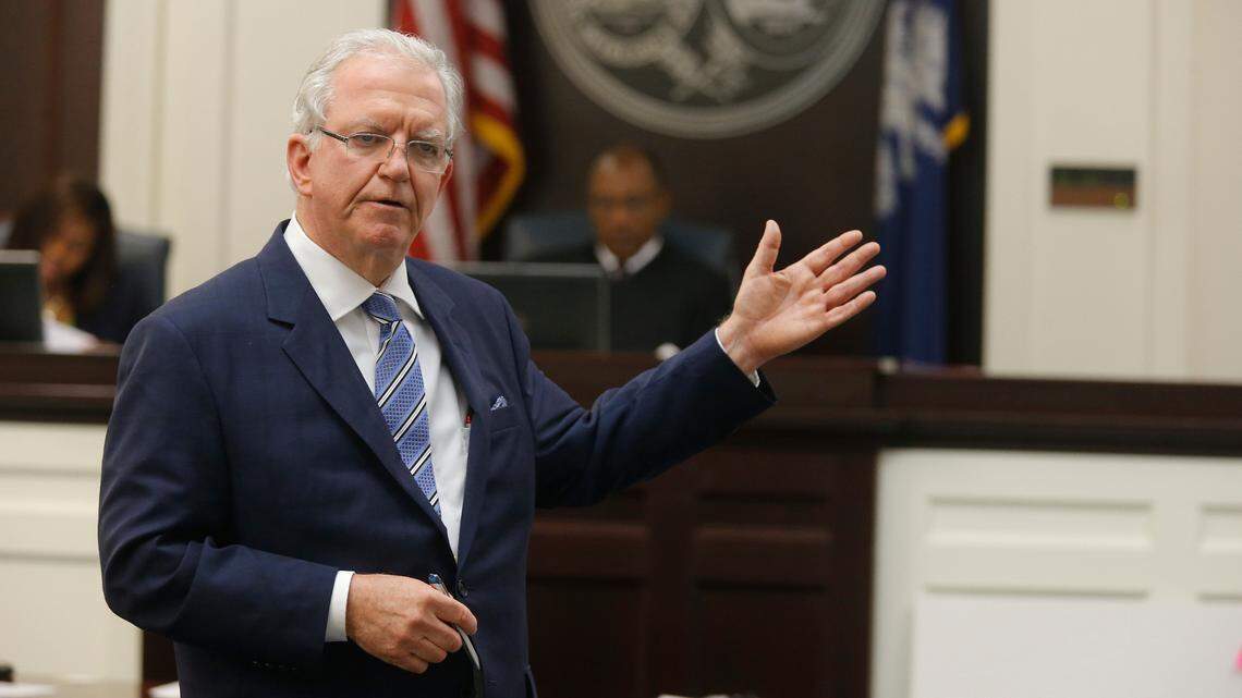 Defense attorney Andy Savage speaks to the jury during the 2016 murder trial of North Charleston police officer Michael Slager at the Charleston County court in Charleston, S.C., (Grace Beahm/Post and Courier via AP, Pool)