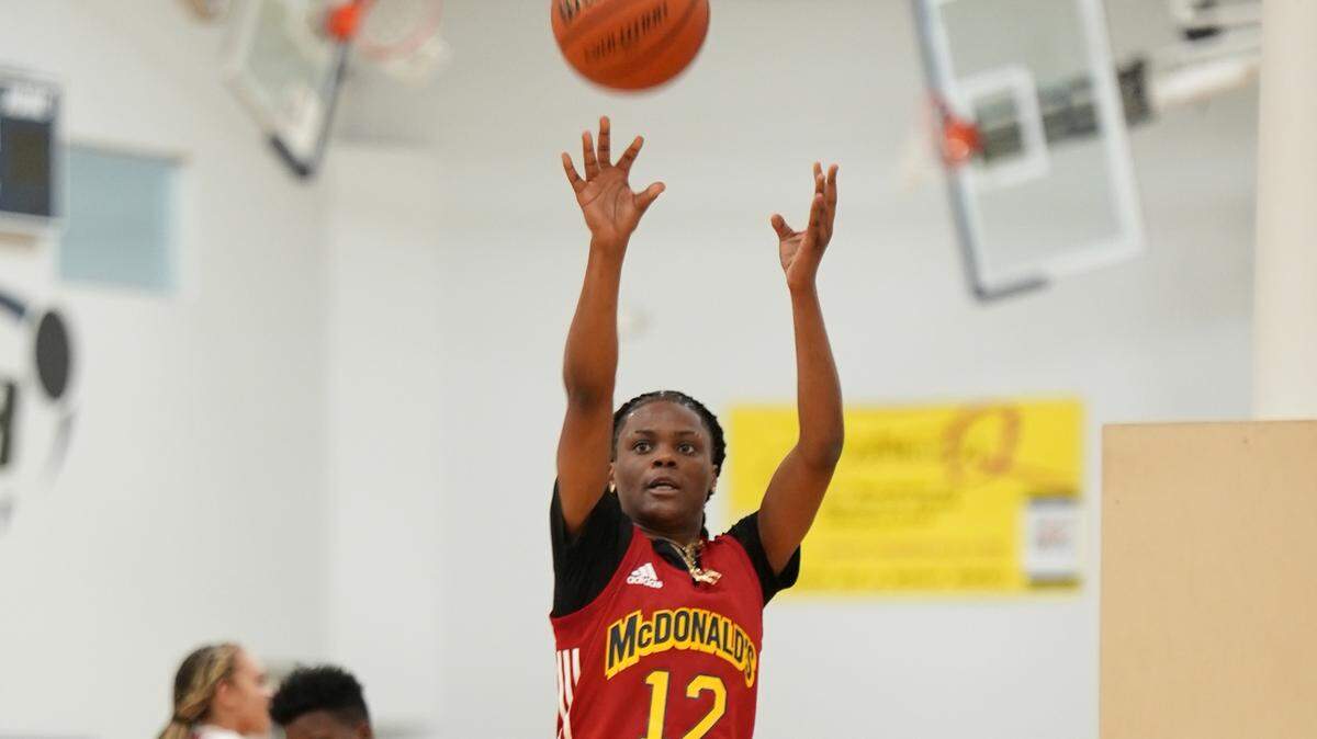 Keenan’s MiLaysia Fulwiley puts up a shot during practice for McDonald’s All-American Game.