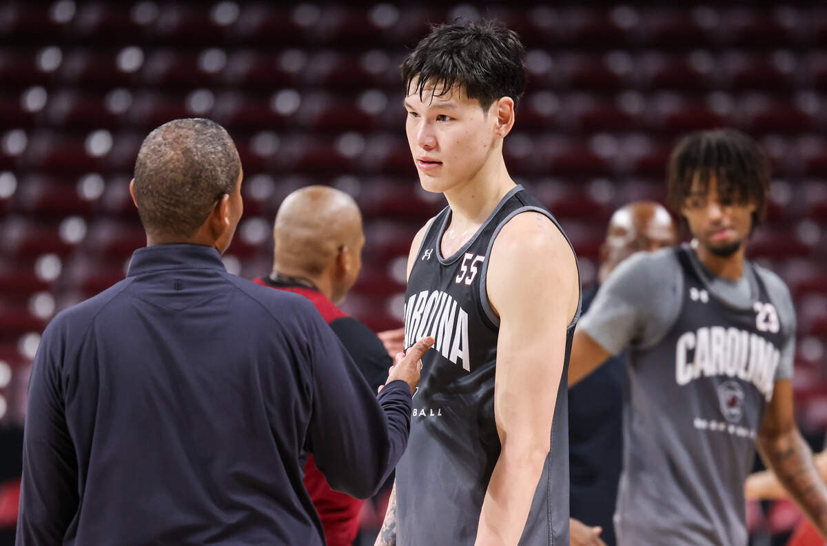 South Carolina guard Mike Sharavjamts (55) speaks with head coach Lamont Paris during practice at Colonial Life Arena in Columbia on Wednesday, July 30, 2025.