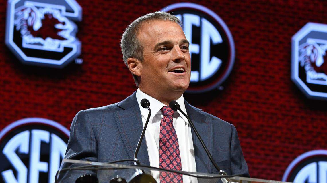 South Carolina Gamecocks head coach Shane Beamer speaks July 20, 2023 at SEC Media Days at the Grand Hyatt hotel in Nashville, Tennessee.