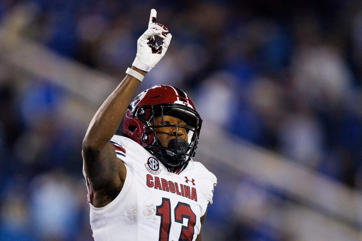 South Carolina wide receiver Jalen Brooks celebrates his touchdown during the second half of the team’s NCAA college football game against Kentucky in Lexington, Ky., Saturday, Oct. 8, 2022. (AP Photo/Michael Clubb)