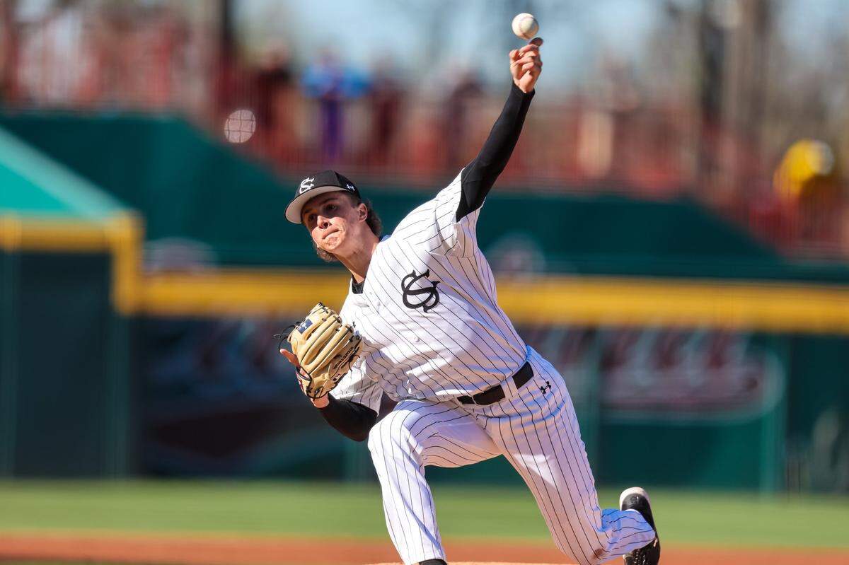South Carolina Gamecocks pitcher Matthew Becker (29) pitches against the Texas Longhorns during the second game game of their double header at Founders Park Sunday, March 13, 2022.