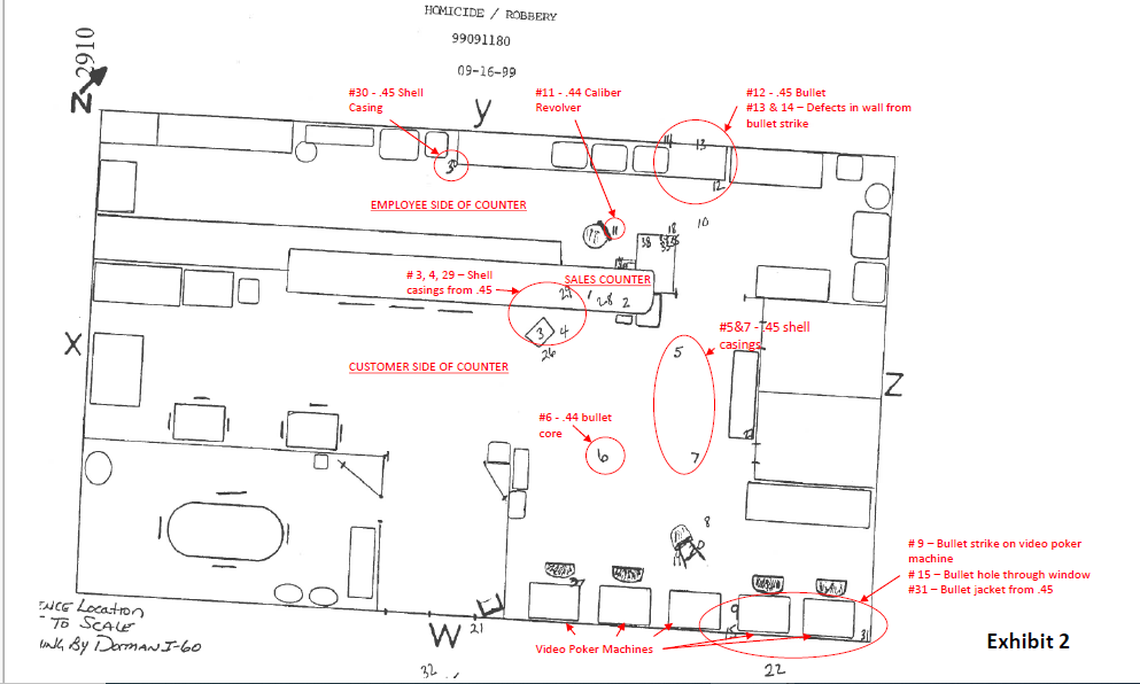 A diagram of Nikki’s Speed Mart made following the shooting of James Mahoney showing the location of evidence including shell casings and bullet fragments prepared form Richard Moore’s defense team by Ralph Robert Tressel, the chief criminal investigator at the Cobb County District Attorney’s Office.