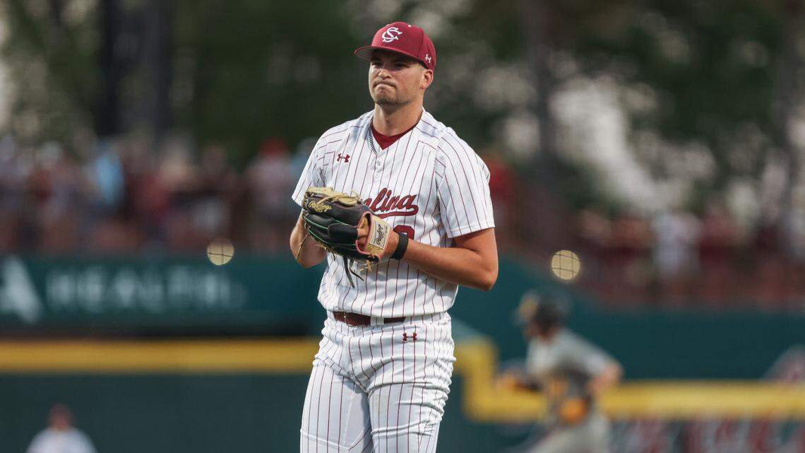 South Carolina pitcher Will Sanders (32) reacts after giving up a two-run homer during the Gamecocks’ game against Missouri at Founders Park in Columbia on Friday, March 24, 2023.
