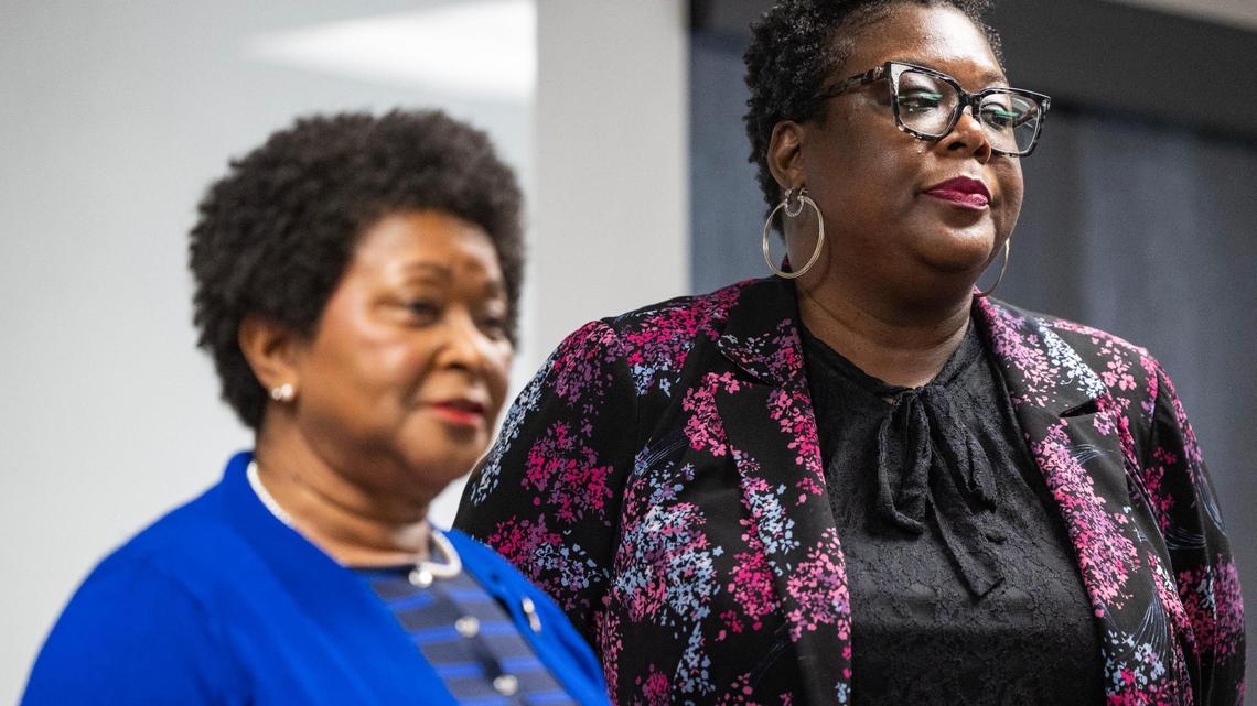 Christale Spain speaks at a press conference at the South Carolina Democratic Party headquarters in Columbia, South Carolina on Friday, June 2, 2023.
