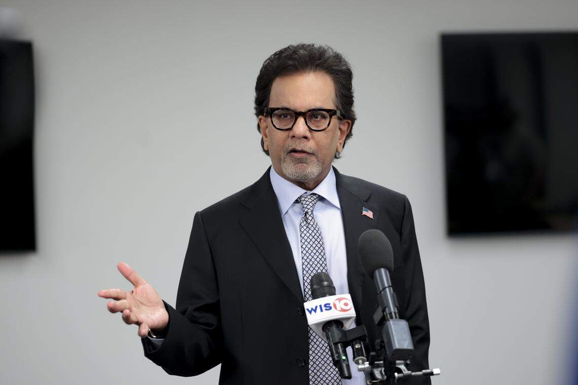 Rom Reddy speaks with the media after participating in a televised GOP debate at the Sottile Theater in Charleston on Tuesday, April 21, 2026. Reddy is running for South Carolina governor.