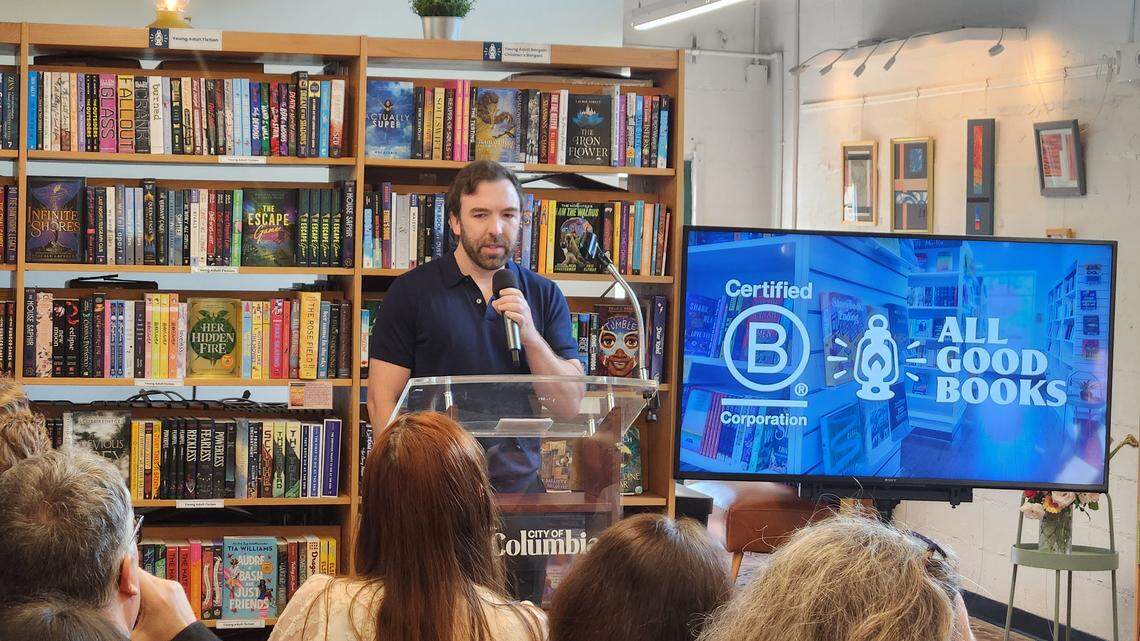 All Good Books co-owner Ben Adams speaks on April 23, 2026 at the Five Points bookstore.