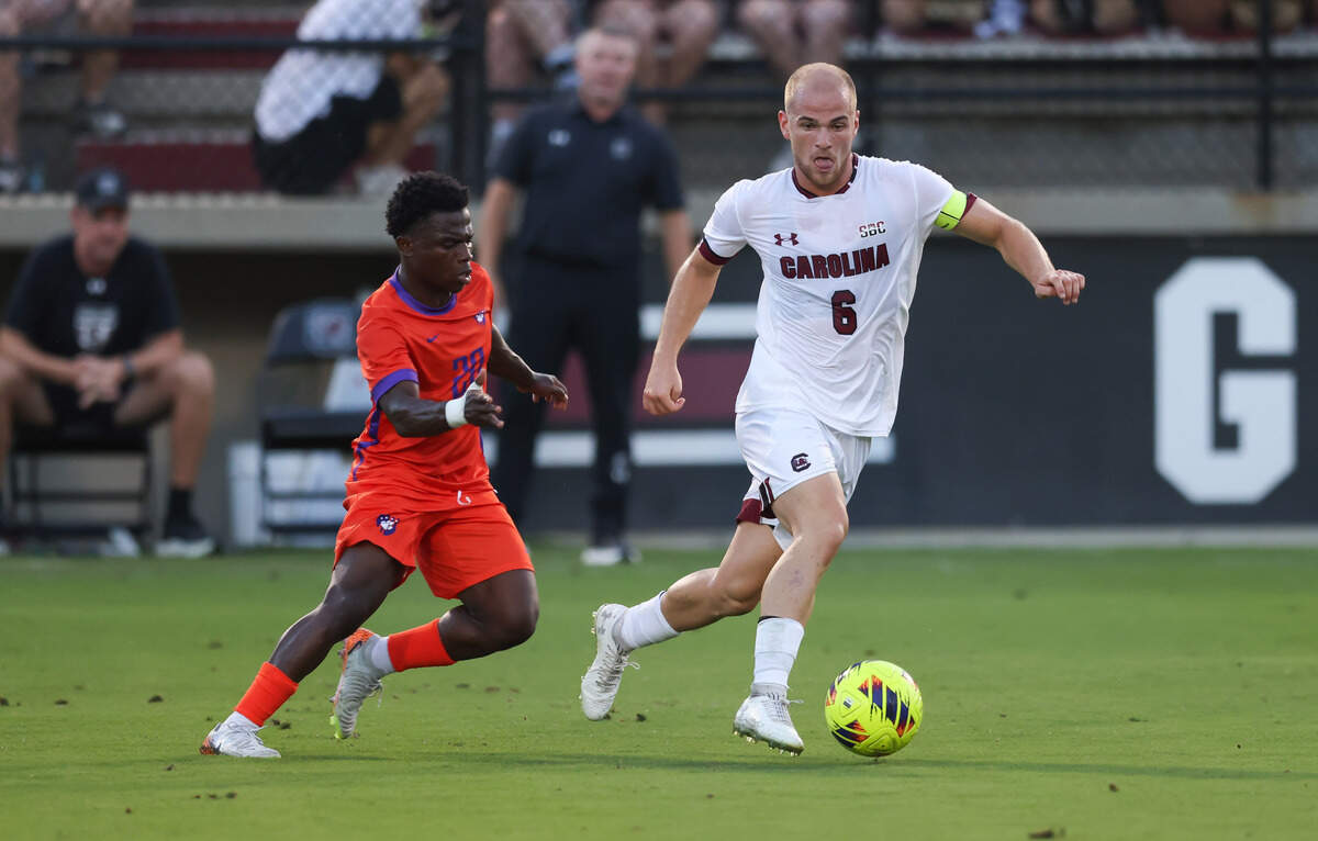 South Carolina midfielder Mika Habel (6) defends Clemson defender Ransford Gyan (20) during the Gamecocks’ game against Tigers in Columbia on Friday, August 30, 2024.