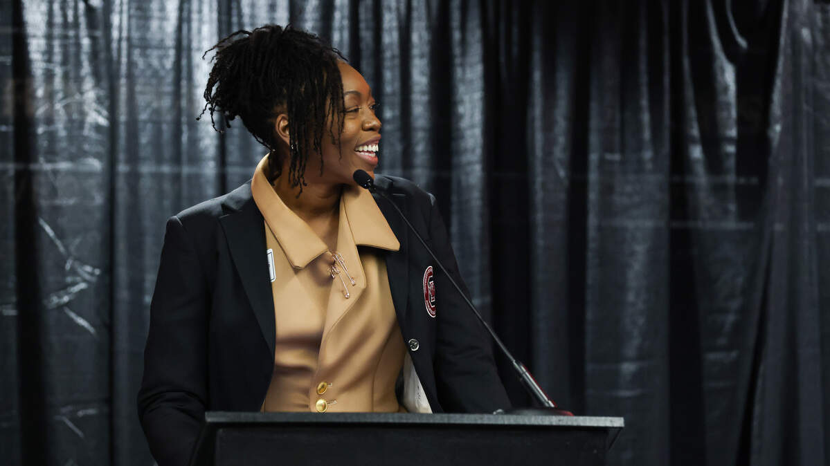 Former South Carolina basketball player Shaunzinski Gortman speaks during the South Carolina Hall of Fame Induction Ceremony in Columbia on Thursday, October 12, 2023.