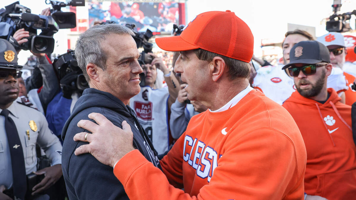 South Carolina head coach Shane Beamer and Clemson coach Dabo Swinney