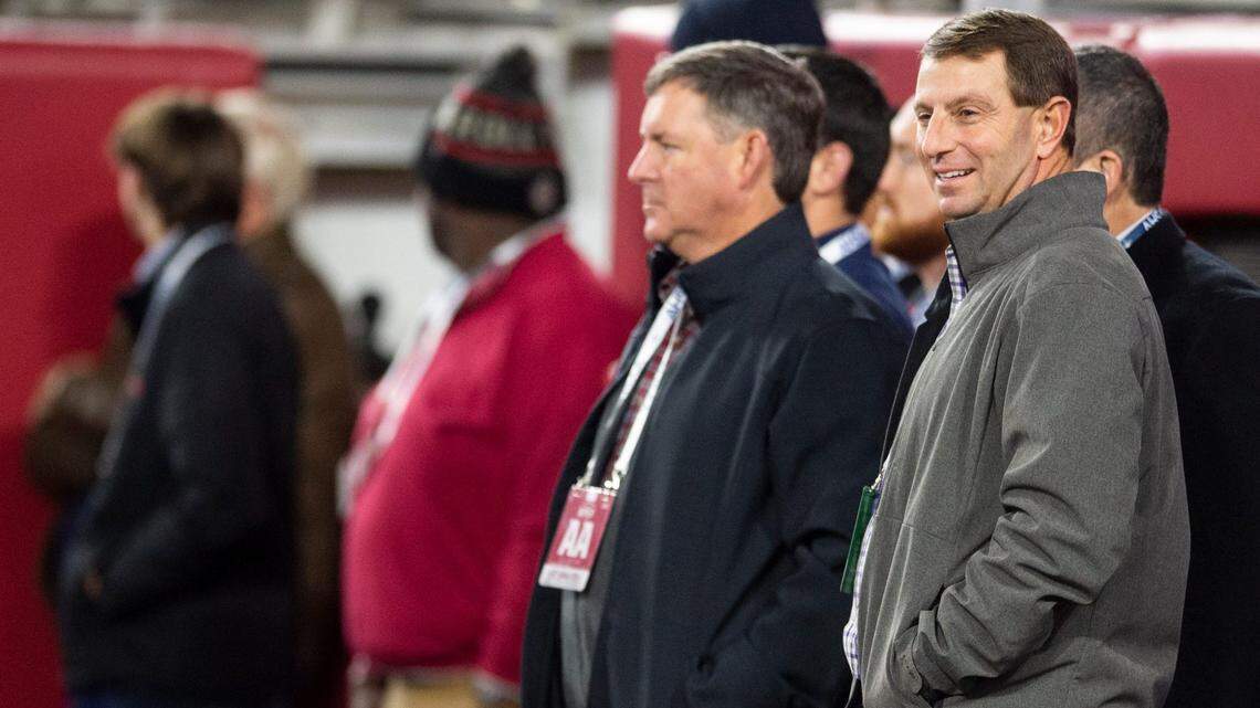 Clemson head coach Dabo Swinney watches on as Central Phenix City faces Thompson in the Class 7A football state championship at Bryant-Denny Stadium in Tuscaloosa, Ala., on Wednesday, Dec. 6, 2023