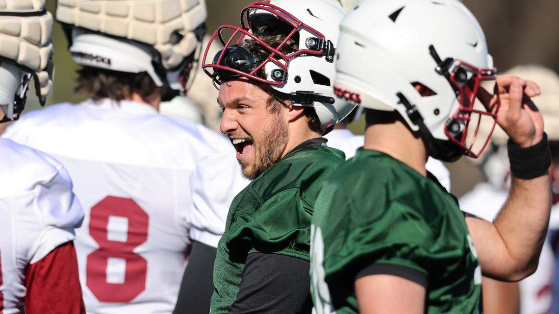 South Carolina Luke Doty (9) speaks with teammates during the Gamecocks’ practice in Columbia on Tuesday, March 19, 2024.
