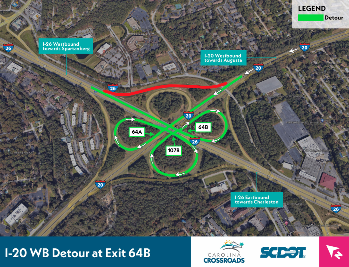 An exit ramp at the junction of two major interstates in Columbia will be closed for construction.